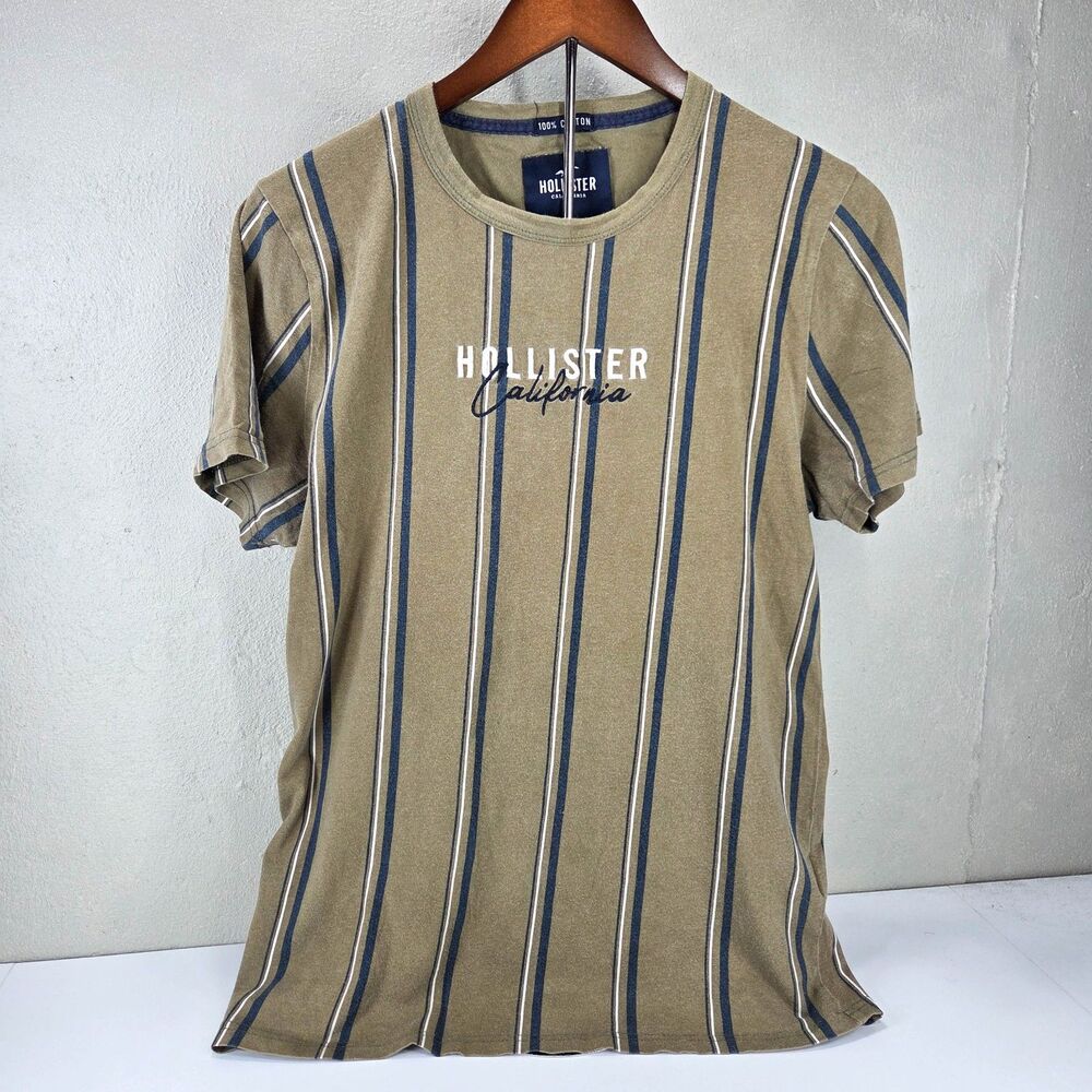 Vintage Y2K Hollister California Vertical Stripe Embroidered Spellout Tee Sz M
